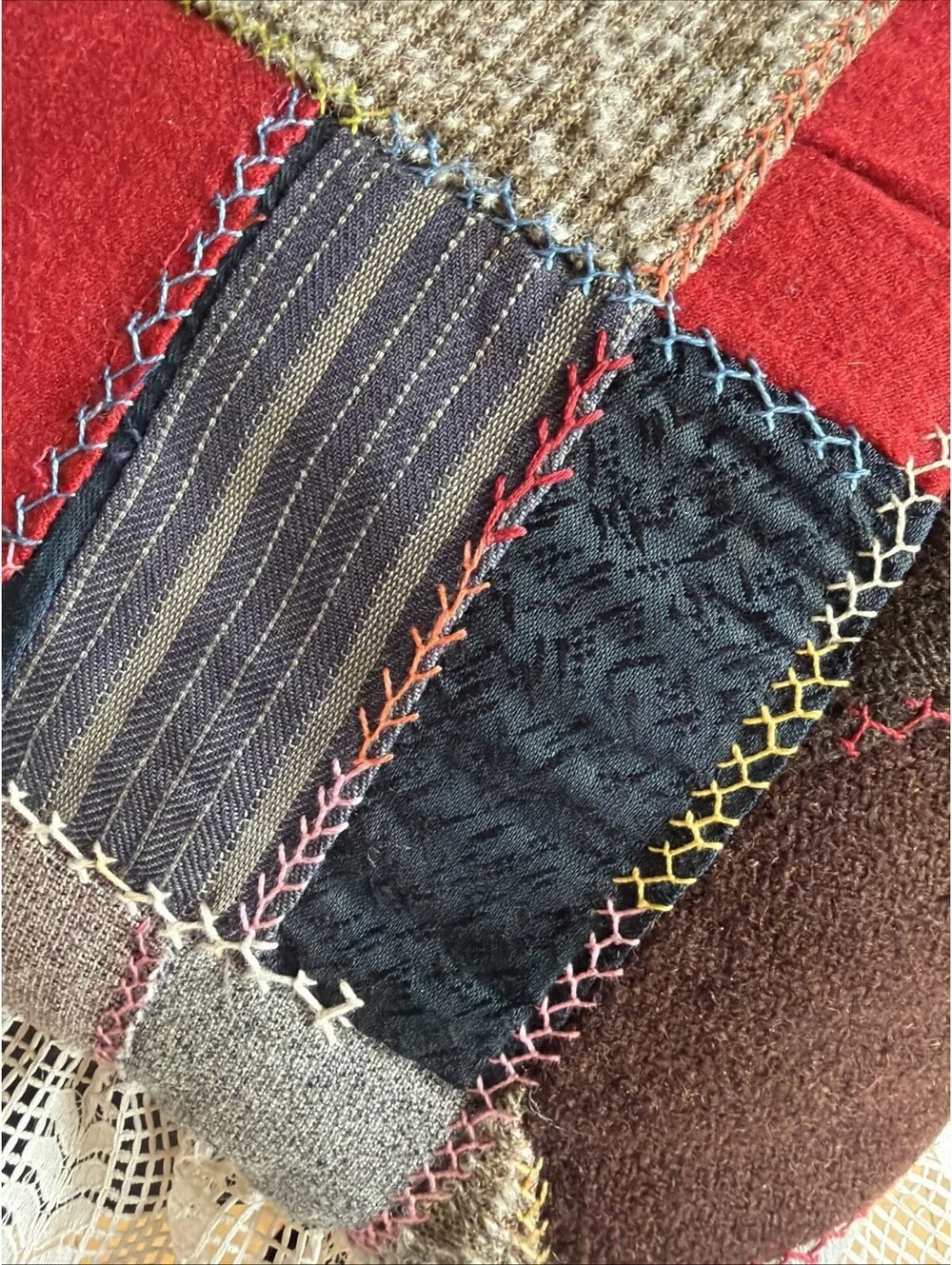 Antique 1800s Primitive Salvage Crazy Quilt Pillow Heart Wool Lace Farm Country